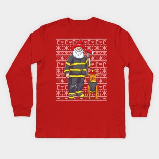 Firefighter Santa Claus Firemen Ugly Christmas Sweater Pattern Kids Long Sleeve T-Shirt